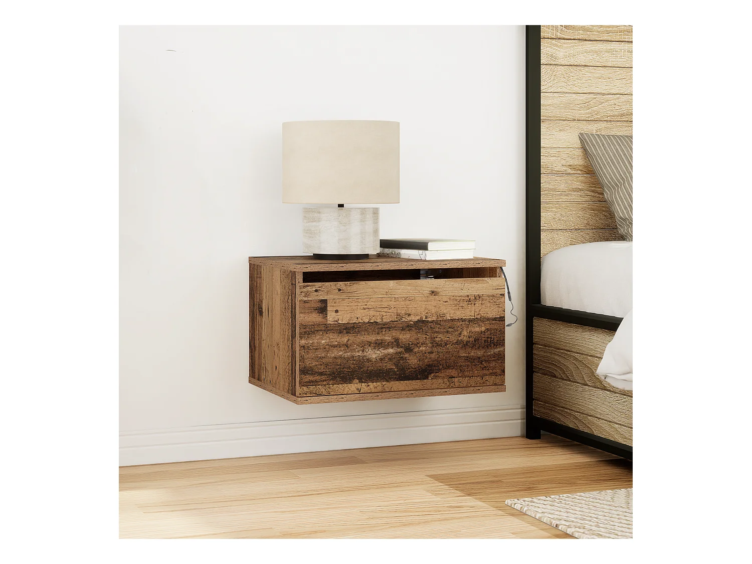 Table de chevet avec éclairage LED monté au mur en bois ancien 50x36x30 cm