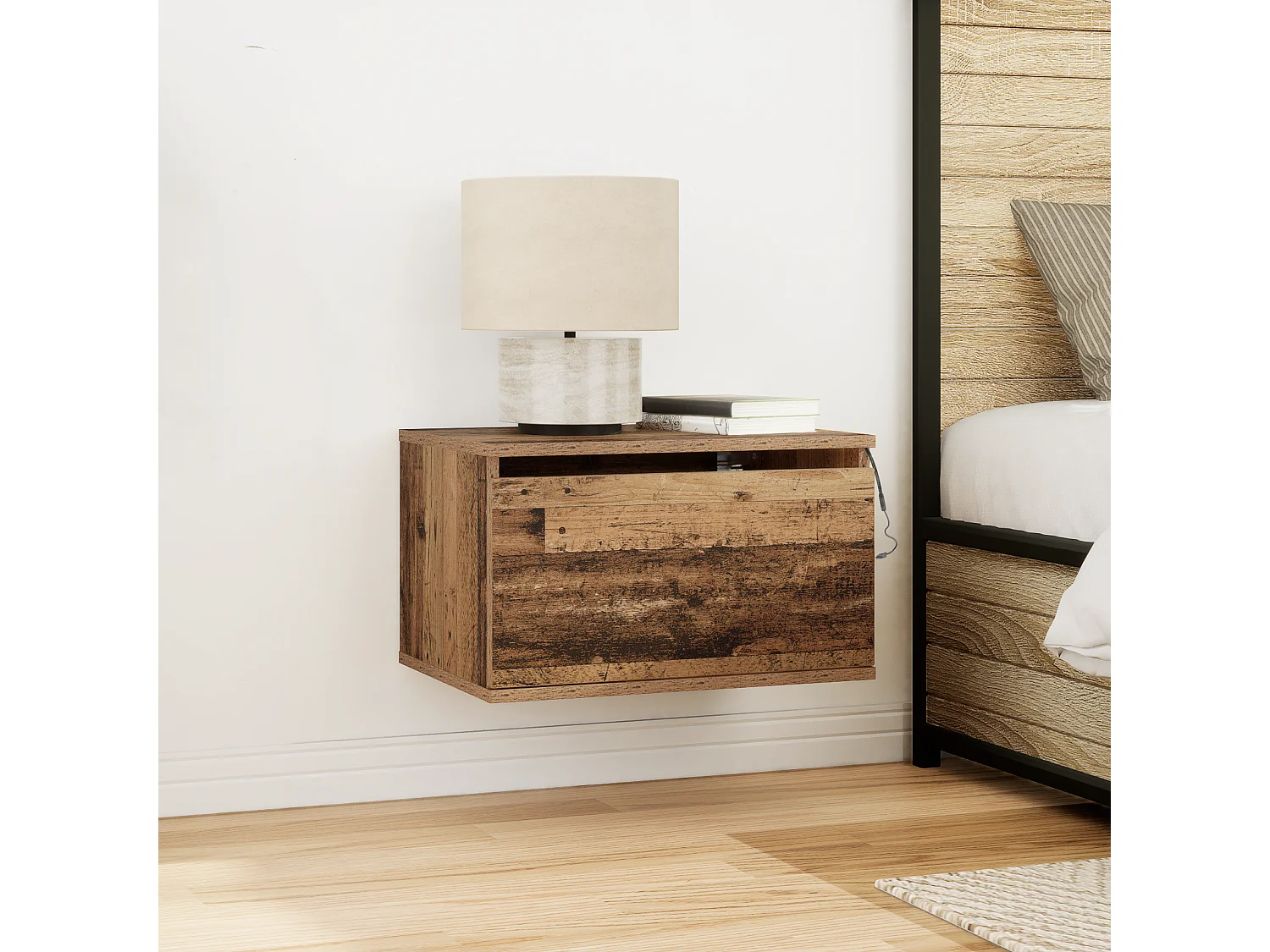 Table de chevet avec éclairage LED monté au mur en bois ancien 50x36x30 cm