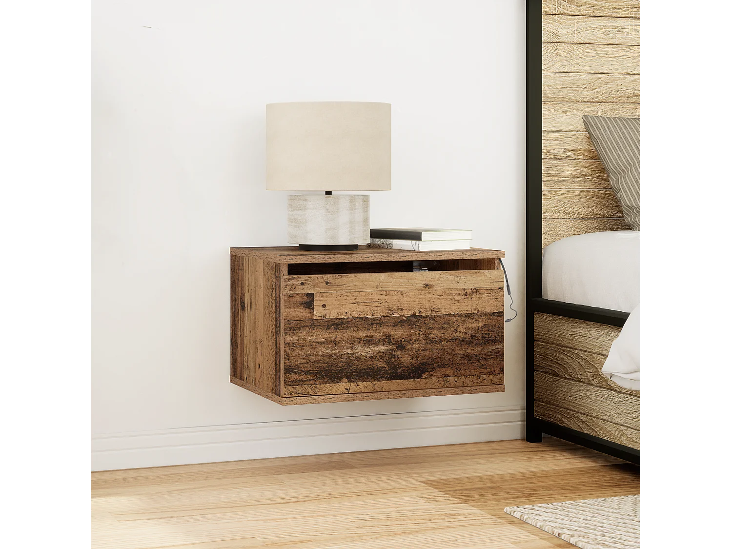 Table de chevet avec éclairage LED monté au mur en bois ancien 50x36x30 cm