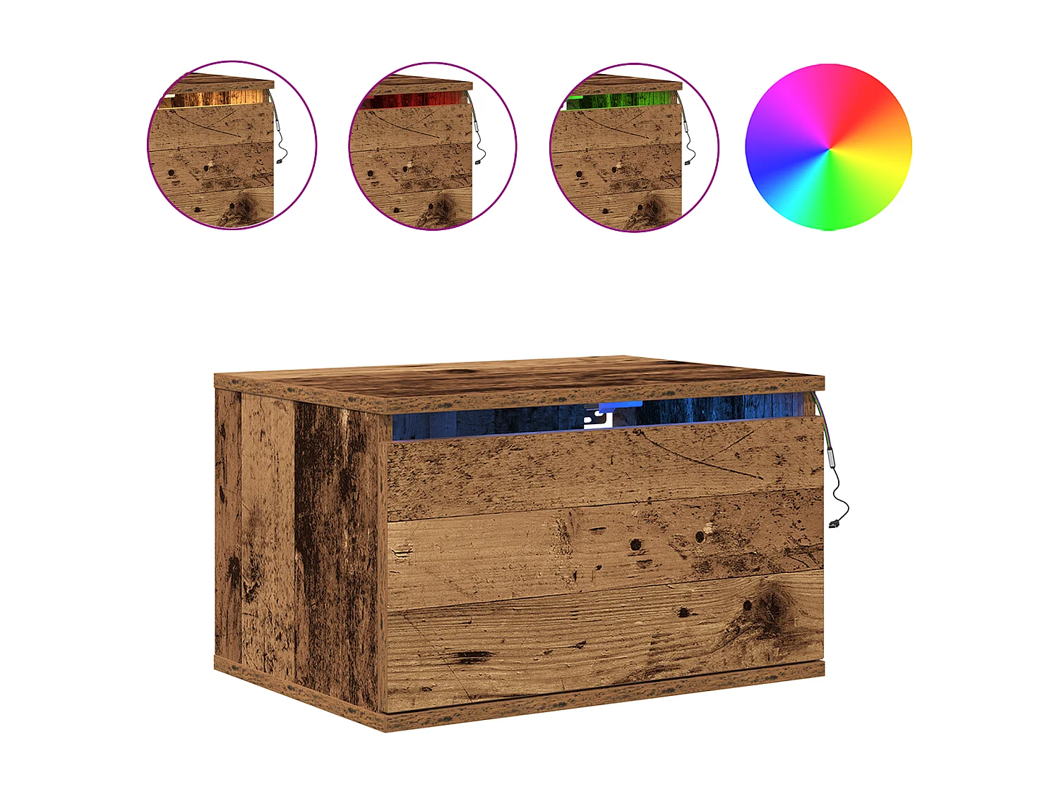 Table de chevet avec éclairage LED monté au mur en bois ancien 50x36x30 cm