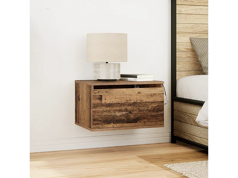 Table de chevet avec éclairage LED monté au mur en bois ancien 50x36x30 cm