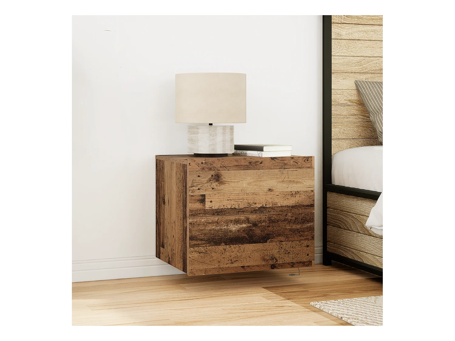 Nachttisch mit LED Wandmontage in Altholz 50x39x41 cm