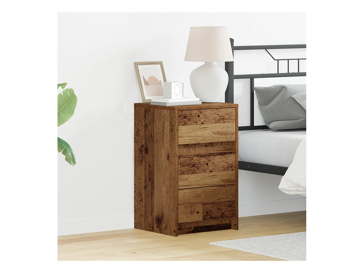 Table de chevet avec lumières LED en bois ancien