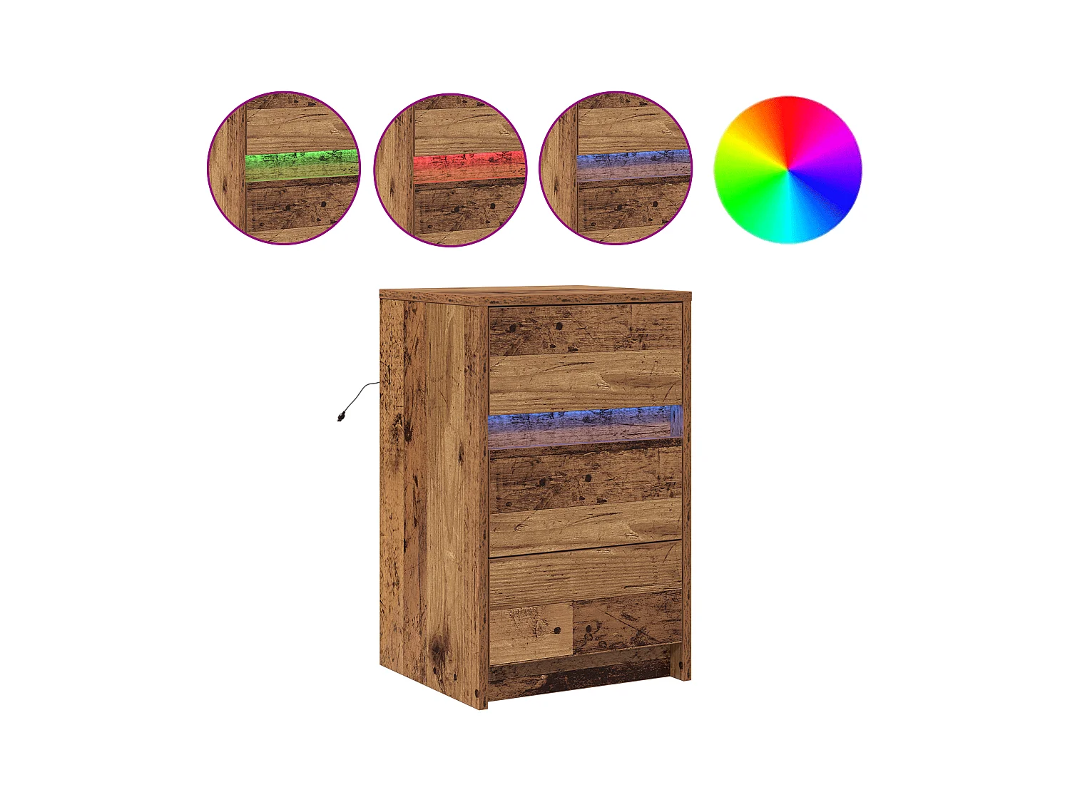 Table de chevet avec lumières LED en bois ancien