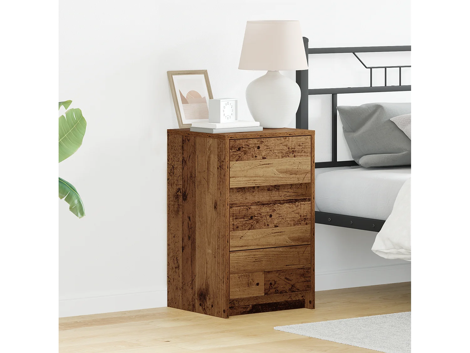 Comodino con luci a LED in legno anticato