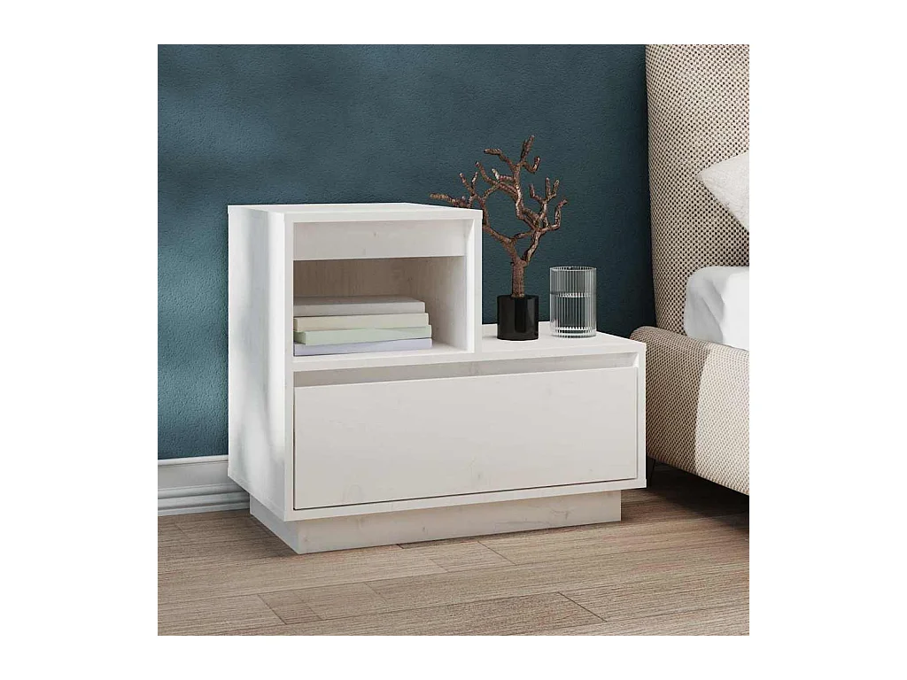 Comodino Bianco 60x34x51 cm Legno massello di pino