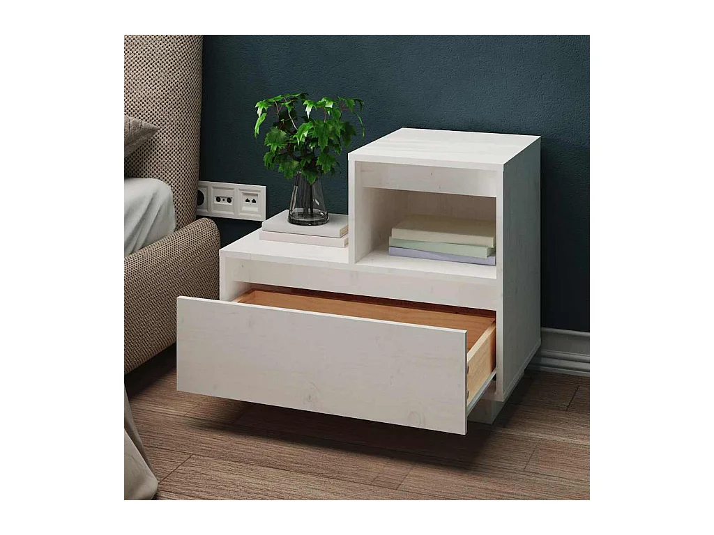 Comodino Bianco 60x34x51 cm Legno massello di pino