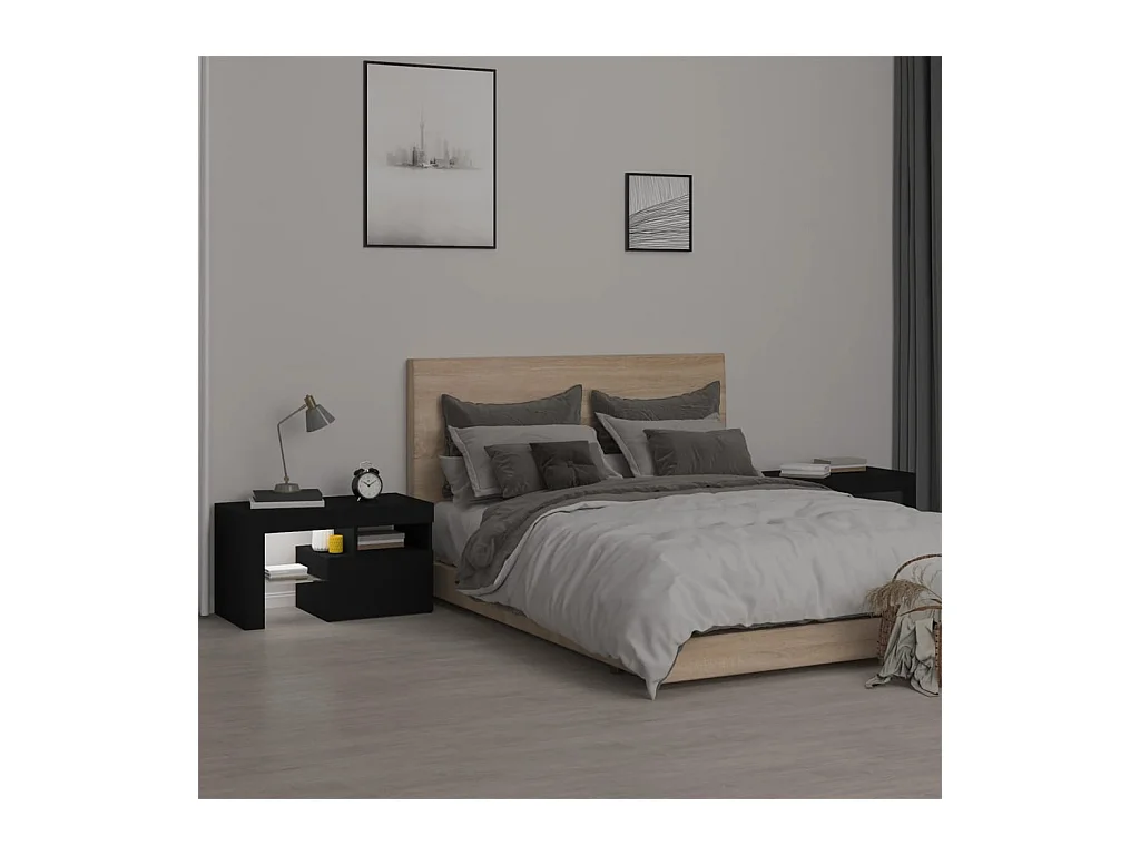 Tables de chevet 2 pcs et lumières LED Noir 70x36,5x40 cm