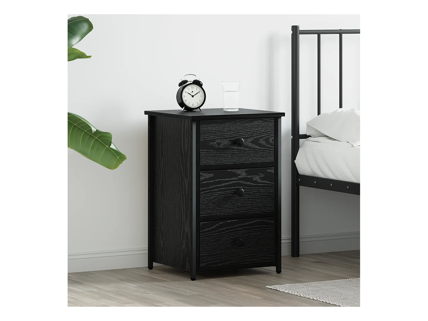 Nachtkastje van zwart eikenhout Zwart eiken MDF, Compact metaal