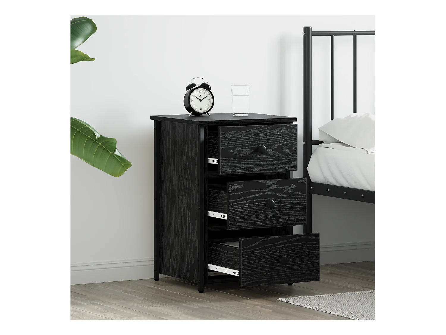 Nachtkastje van zwart eikenhout Zwart eiken MDF, Compact metaal