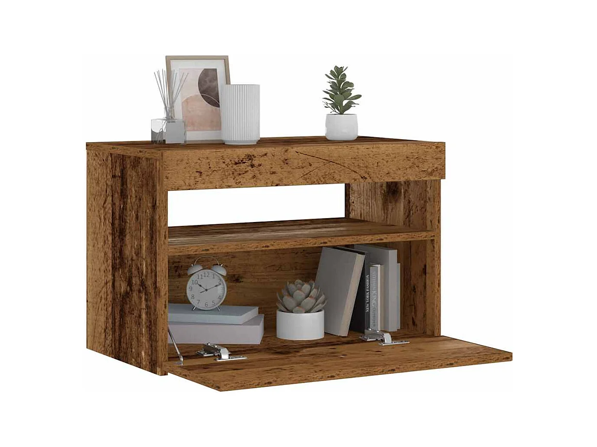 Table de chevet avec lumières LED vieux bois bois d'ingénierie