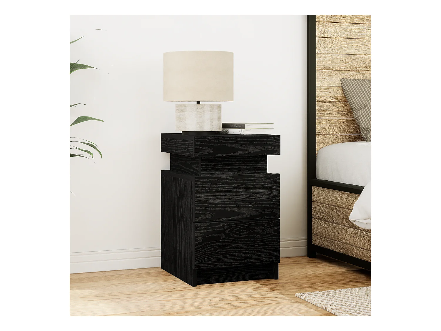 Comodino con luci LED Rovere Nero 35x39x55 cm