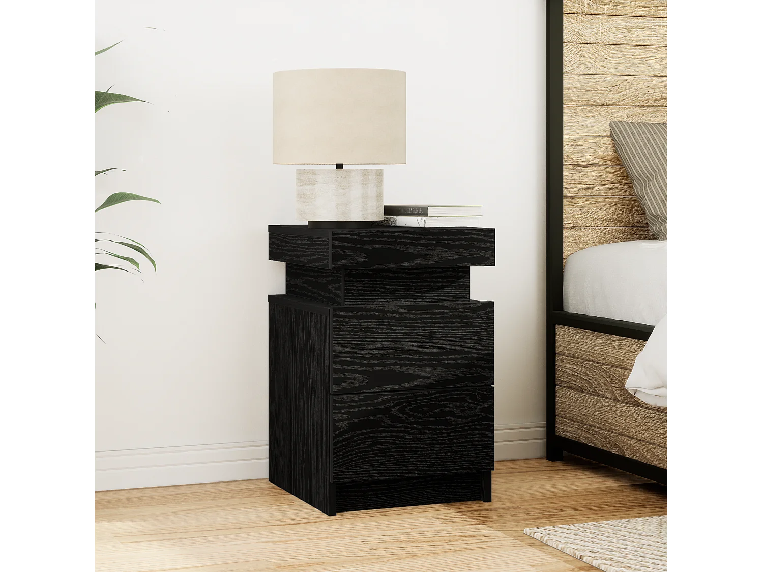 Mesita de noche con luces LED Roble Negro 35x39x55 cm