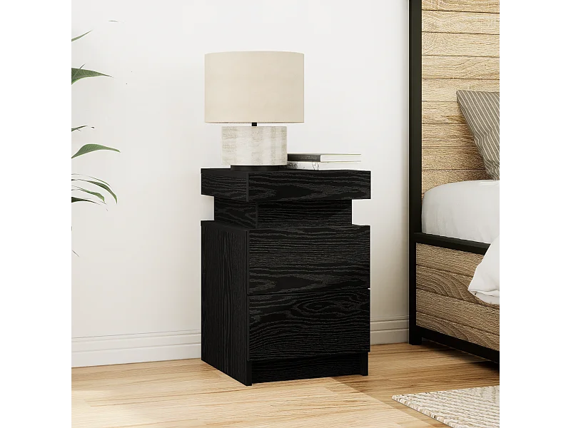 Mesita de noche con luces LED Roble Negro 35x39x55 cm