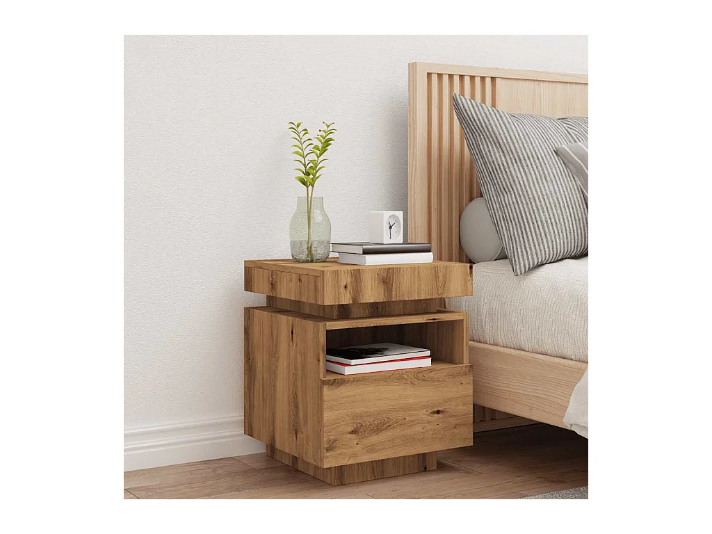 Armoire de chevet et lumières LED chêne artisanal 40x39x48,5 cm