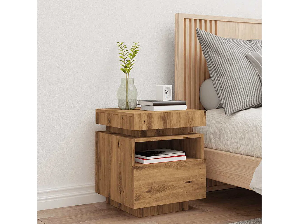 Armoire de chevet et lumières LED chêne artisanal 40x39x48,5 cm
