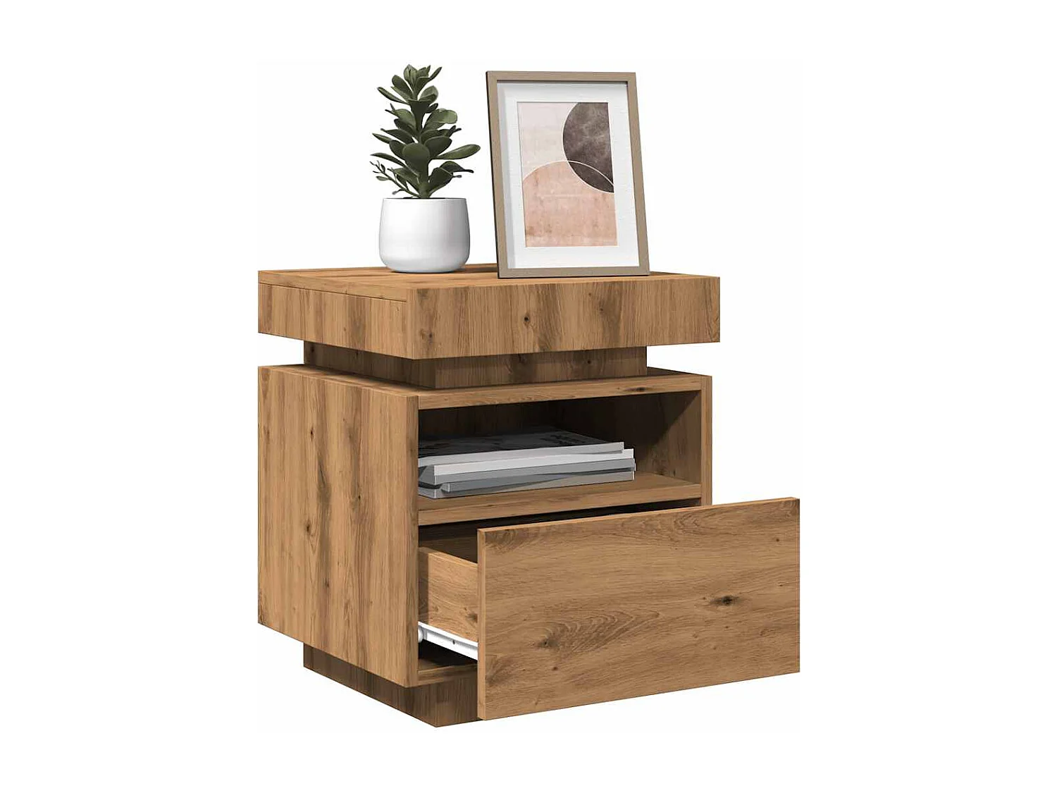 Armoire de chevet et lumières LED chêne artisanal 40x39x48,5 cm