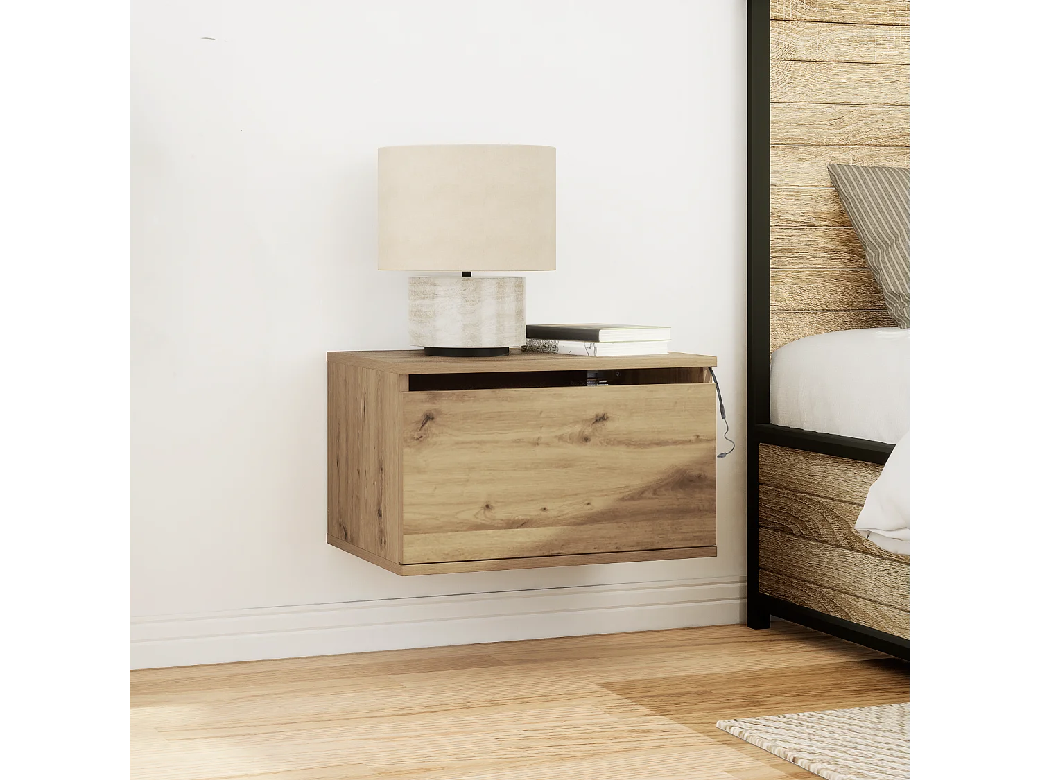 Cabinet de chevet avec LED en chêne artisanal 50x36x30 cm