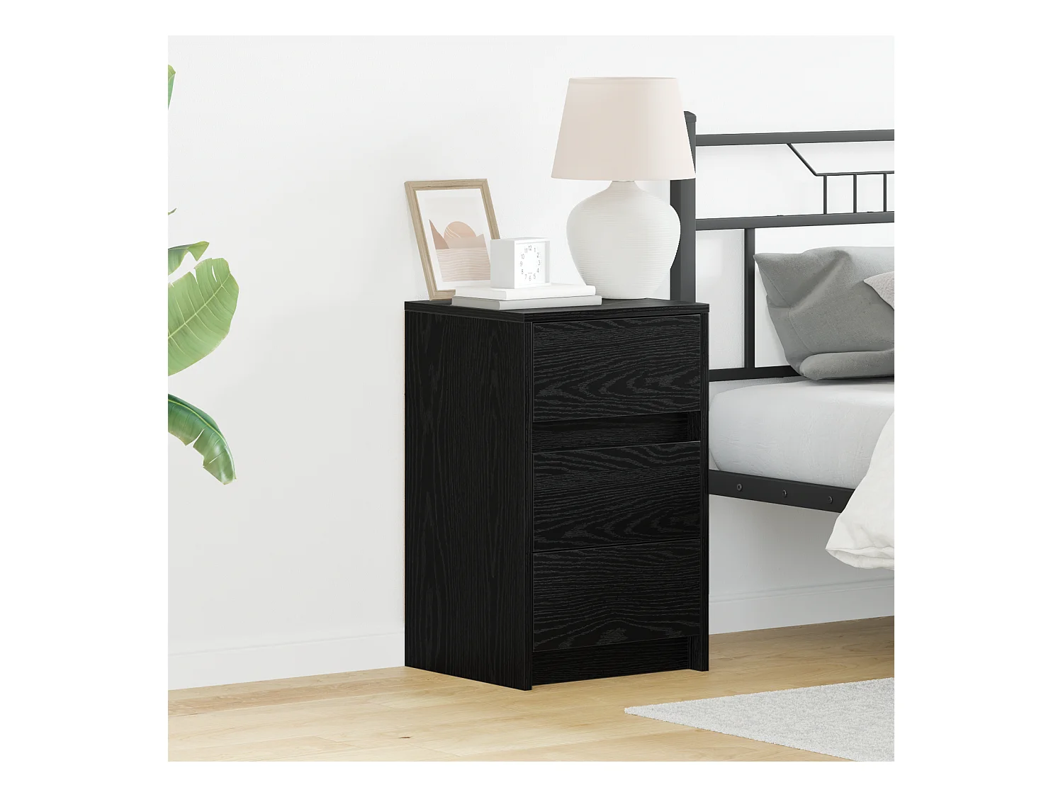 Comodino con luci a LED Rovere nero Legno ingegnerizzato