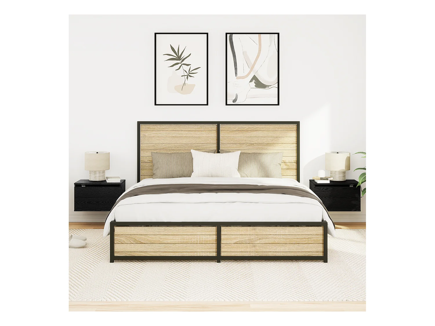 Nachtkastjes met LED-verlichting 2 stuks wandmontage in zwarte eik