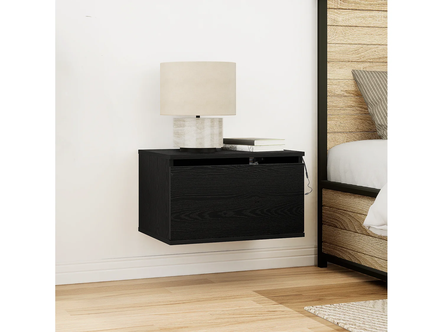 Armoires de chevet avec lumières LED 2 pcs murales en chêne noir