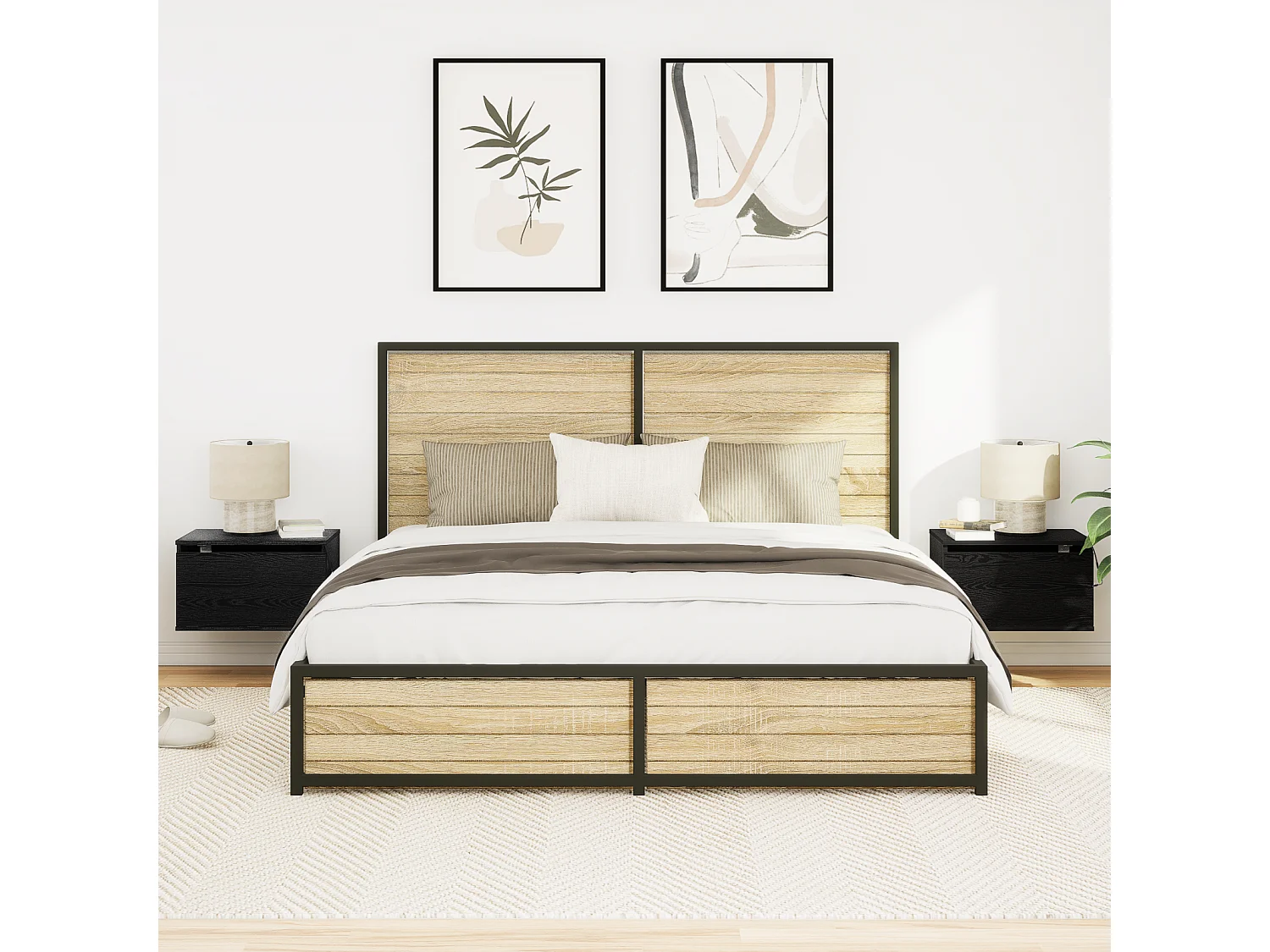 Armoires de chevet avec lumières LED 2 pcs murales en chêne noir