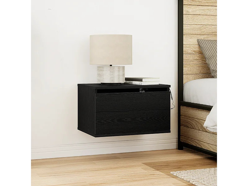 Armoires de chevet avec lumières LED 2 pcs murales en chêne noir