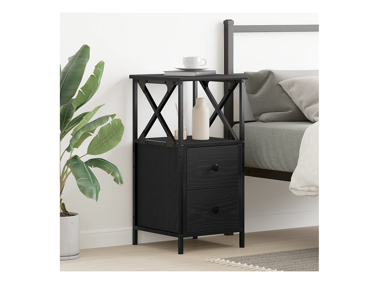 Nachtkastje van zwart eikenhout 34x35,5x70 cm in spaanplaat