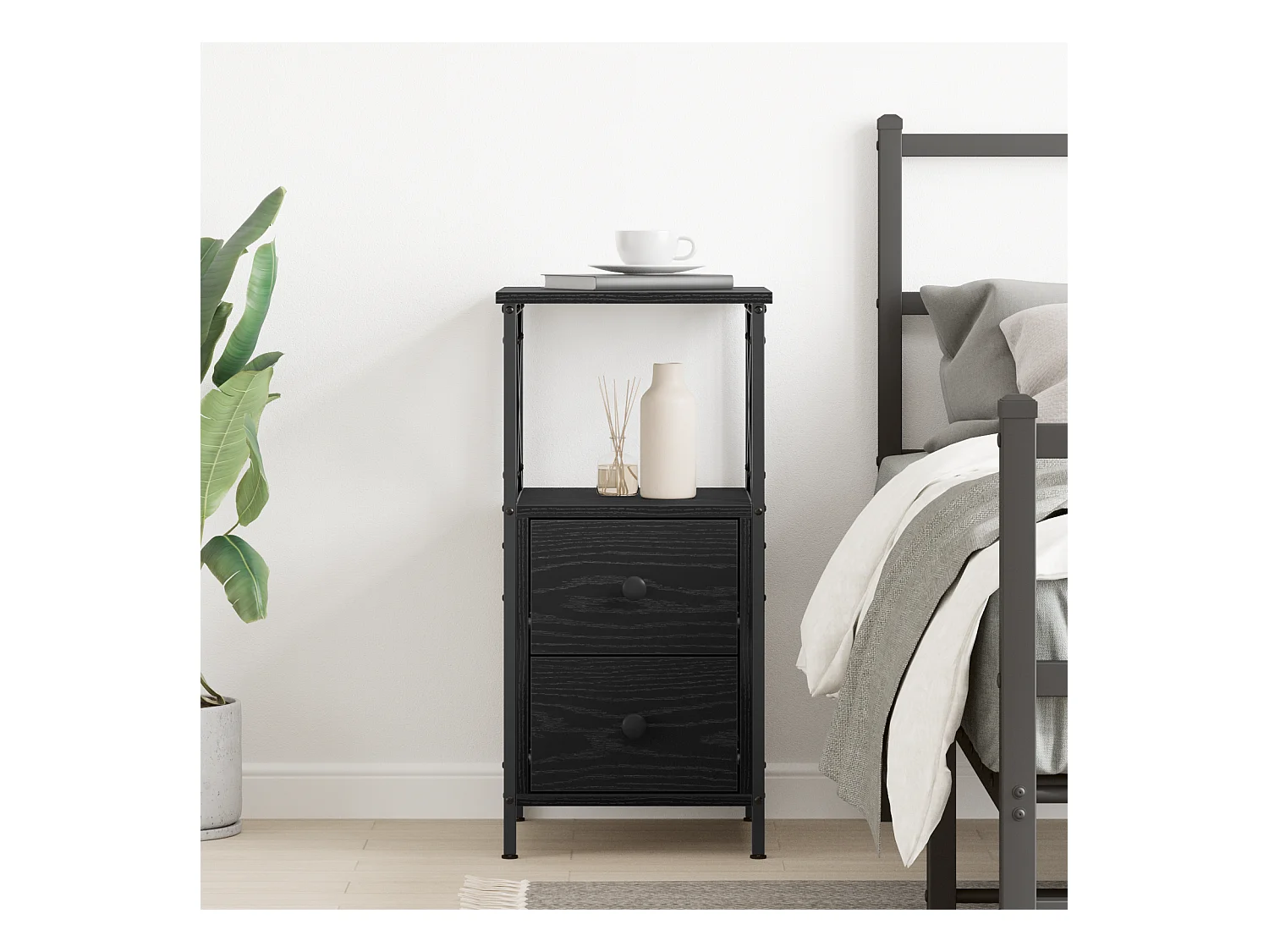 Nachtkastje van zwart eikenhout 34x35,5x70 cm in spaanplaat