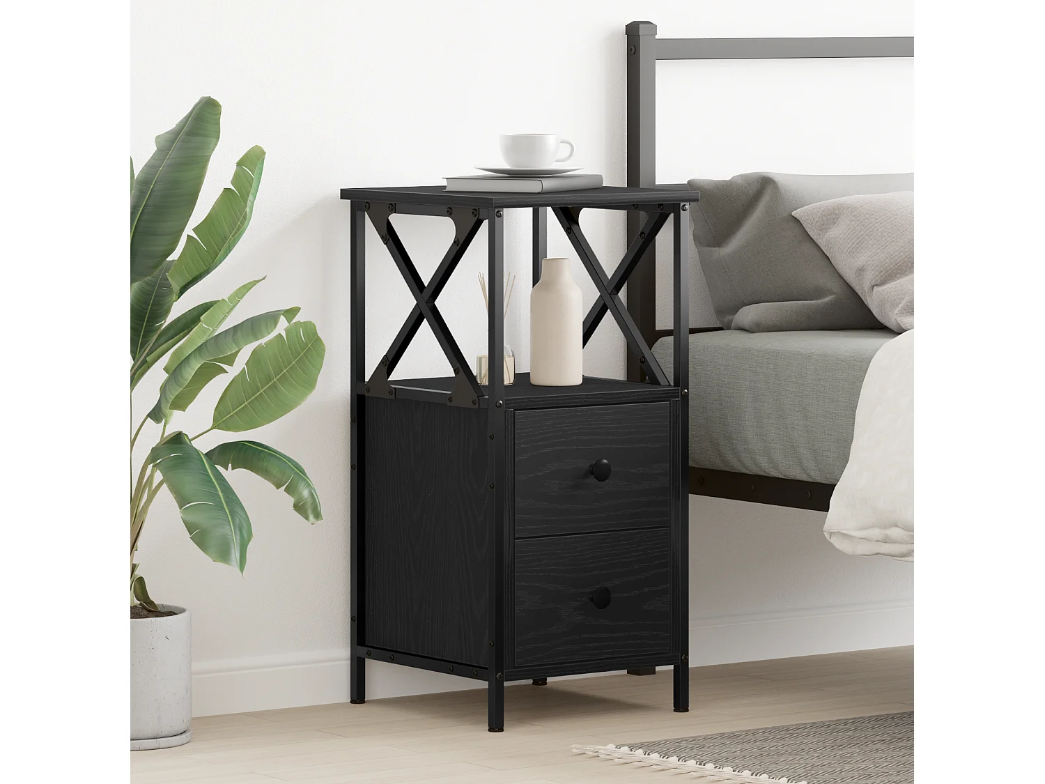 Table de chevet Noir Chêne 34x35,5x70 cm en bois aggloméré