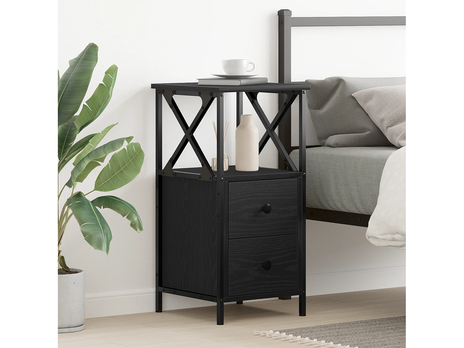 Comodino in rovere nero 34x35,5x70 cm in truciolare