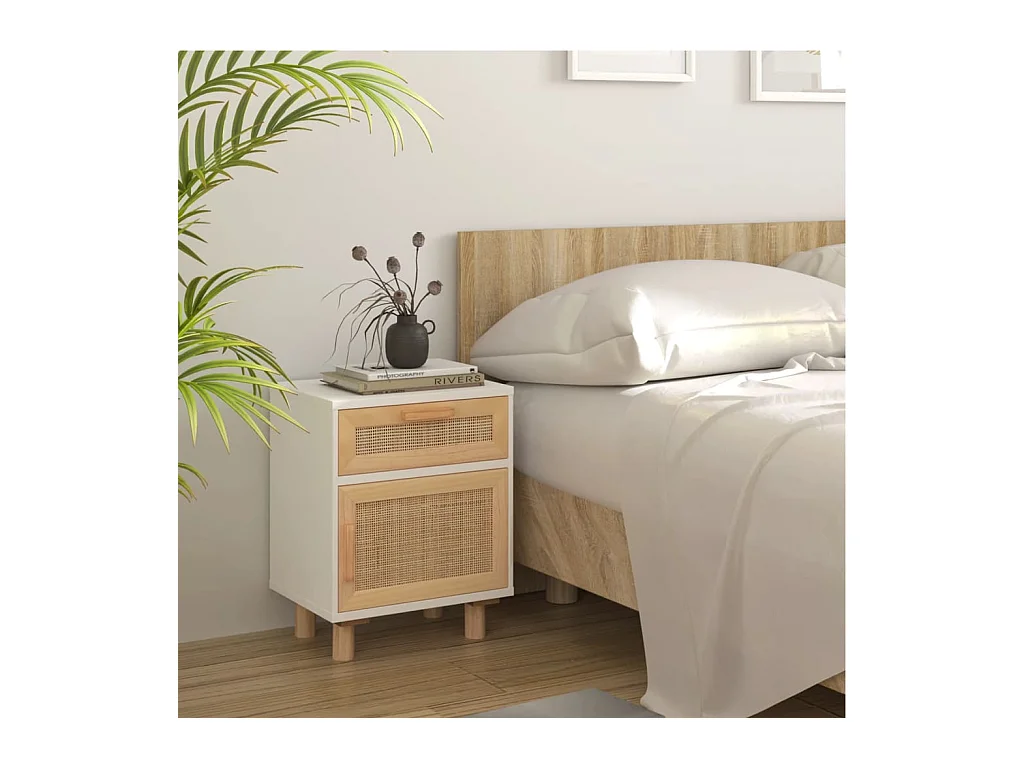 Table de chevet Blanc Bois de pin massif et rotin naturel