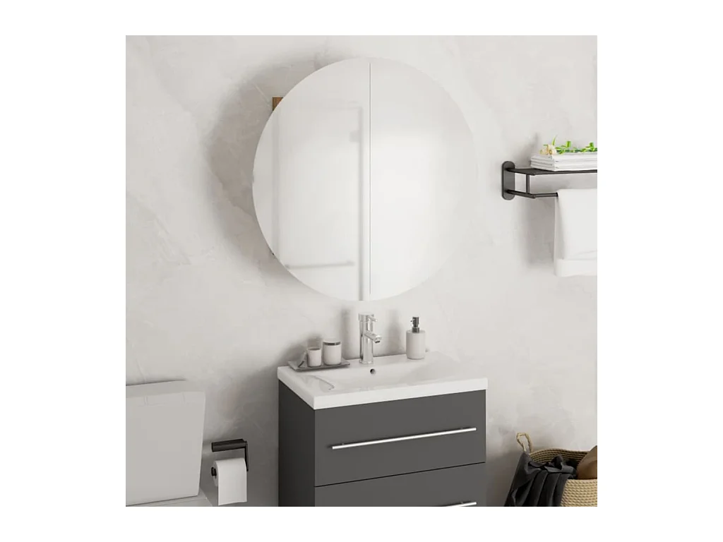 Mobiletto da bagno rotondo con specchio e luci LED, nero, 47 x 47 x 17,5 cm