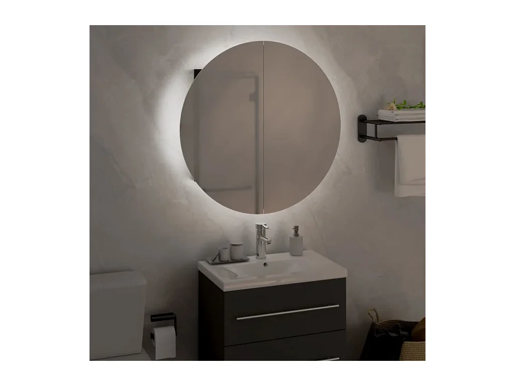 Mobiletto da bagno rotondo con specchio e luci LED, nero, 47 x 47 x 17,5 cm