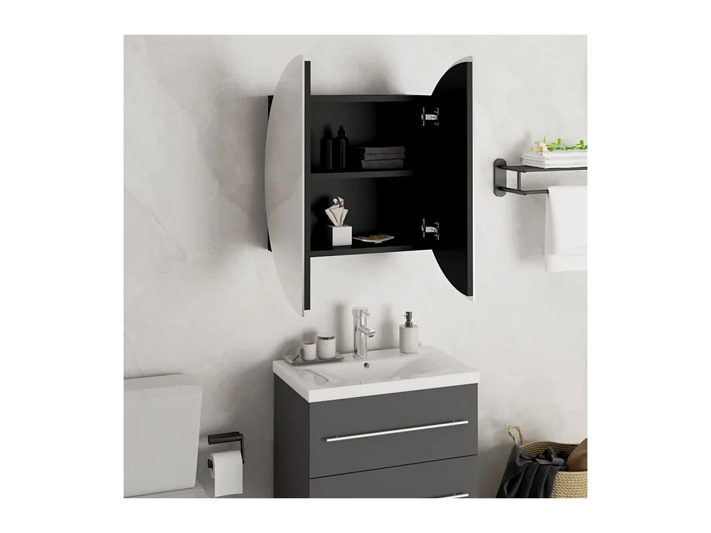 Mobiletto da bagno rotondo con specchio e luci LED, nero, 47 x 47 x 17,5 cm