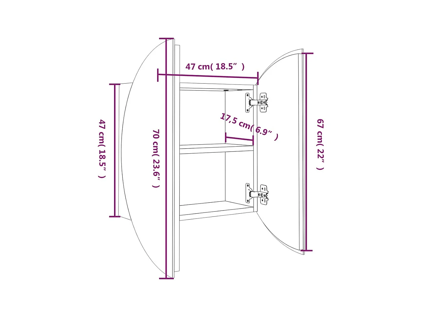 Mobiletto da bagno rotondo con specchio e luci LED, nero, 47 x 47 x 17,5 cm