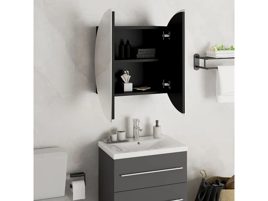 Mueble de baño redondo con espejo y luces LED, negro, 47 x 47 x 17,5 cm