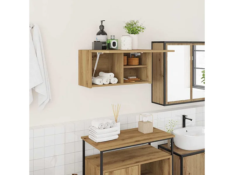 Mobiletto da bagno da parete in legno di rovere ingegnerizzato, realizzato a mano