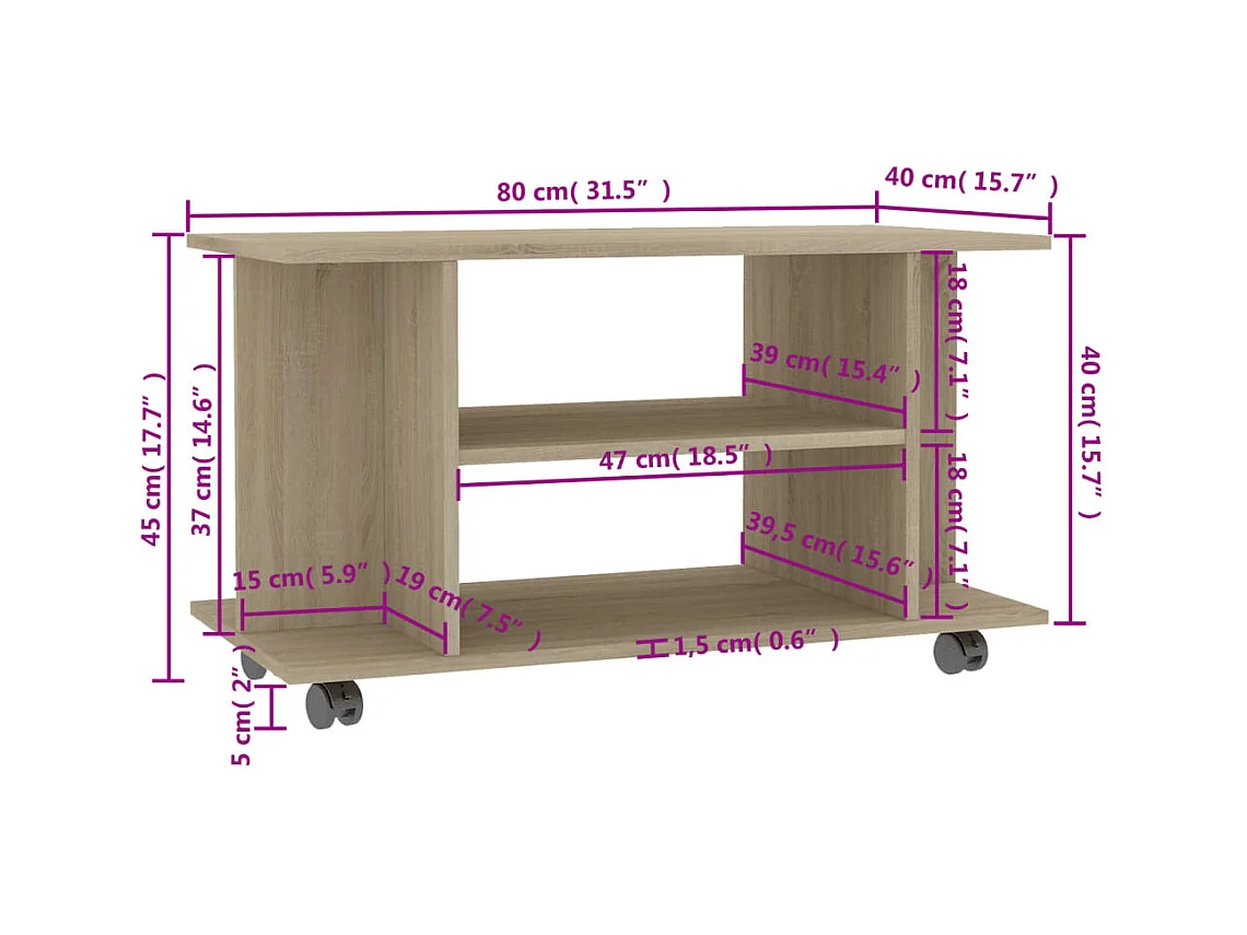 Meuble TV et roulettes chêne sonoma 80x40x45 cm bois ingénierie