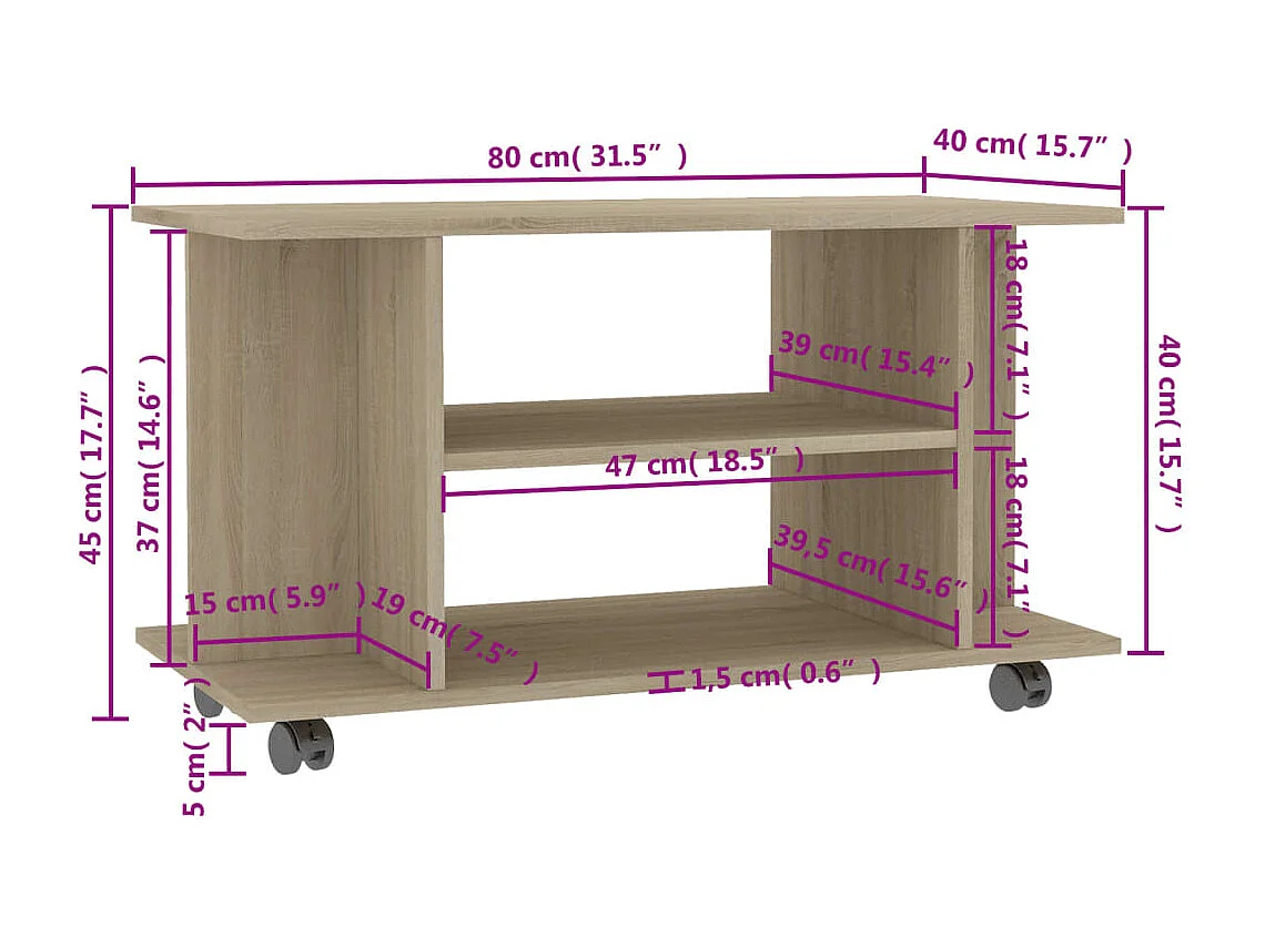 Meuble TV et roulettes chêne sonoma 80x40x45 cm bois ingénierie