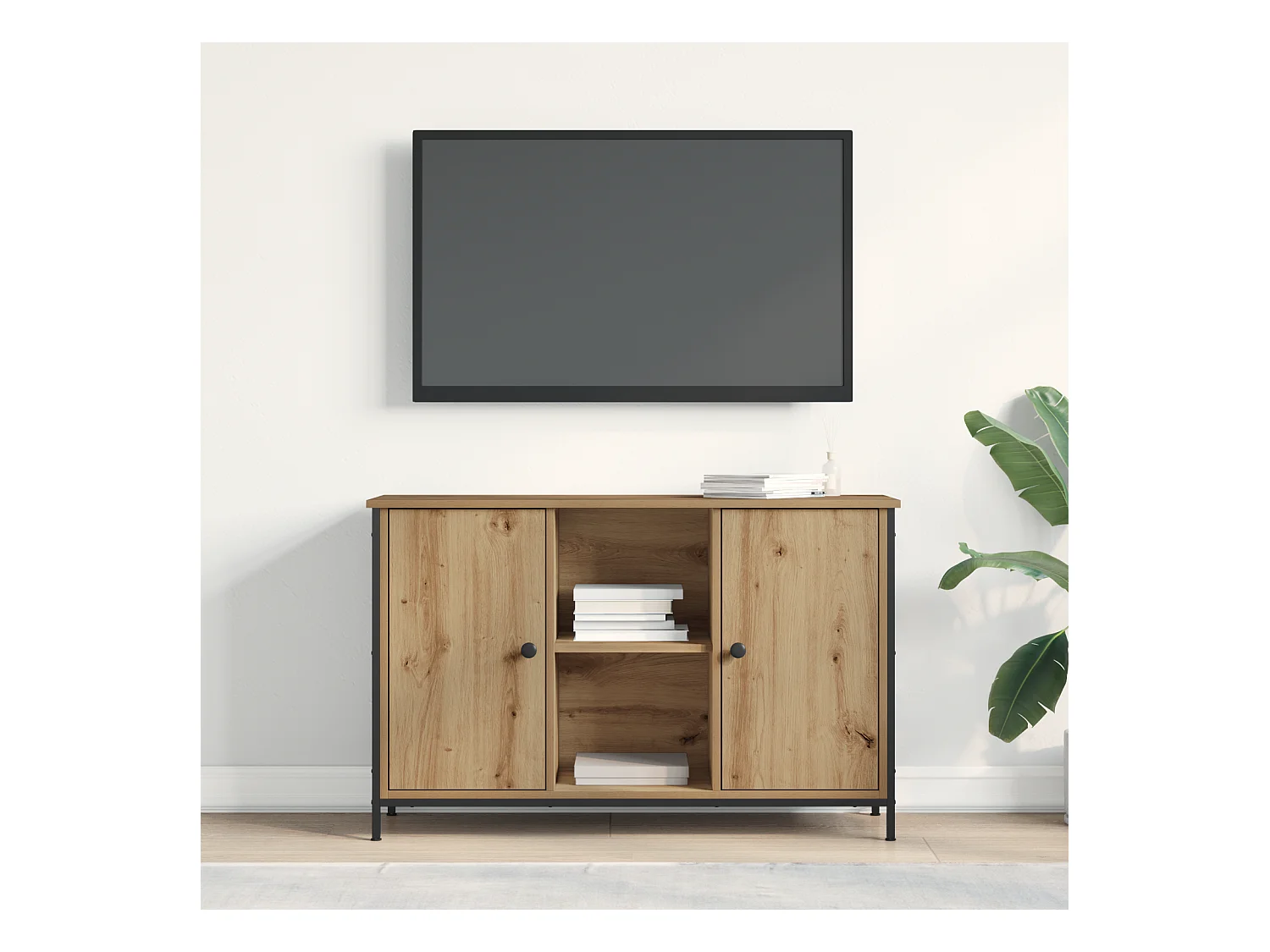 Mobile TV in rovere nero 101x35x65 cm in legno ricostruito e acciaio