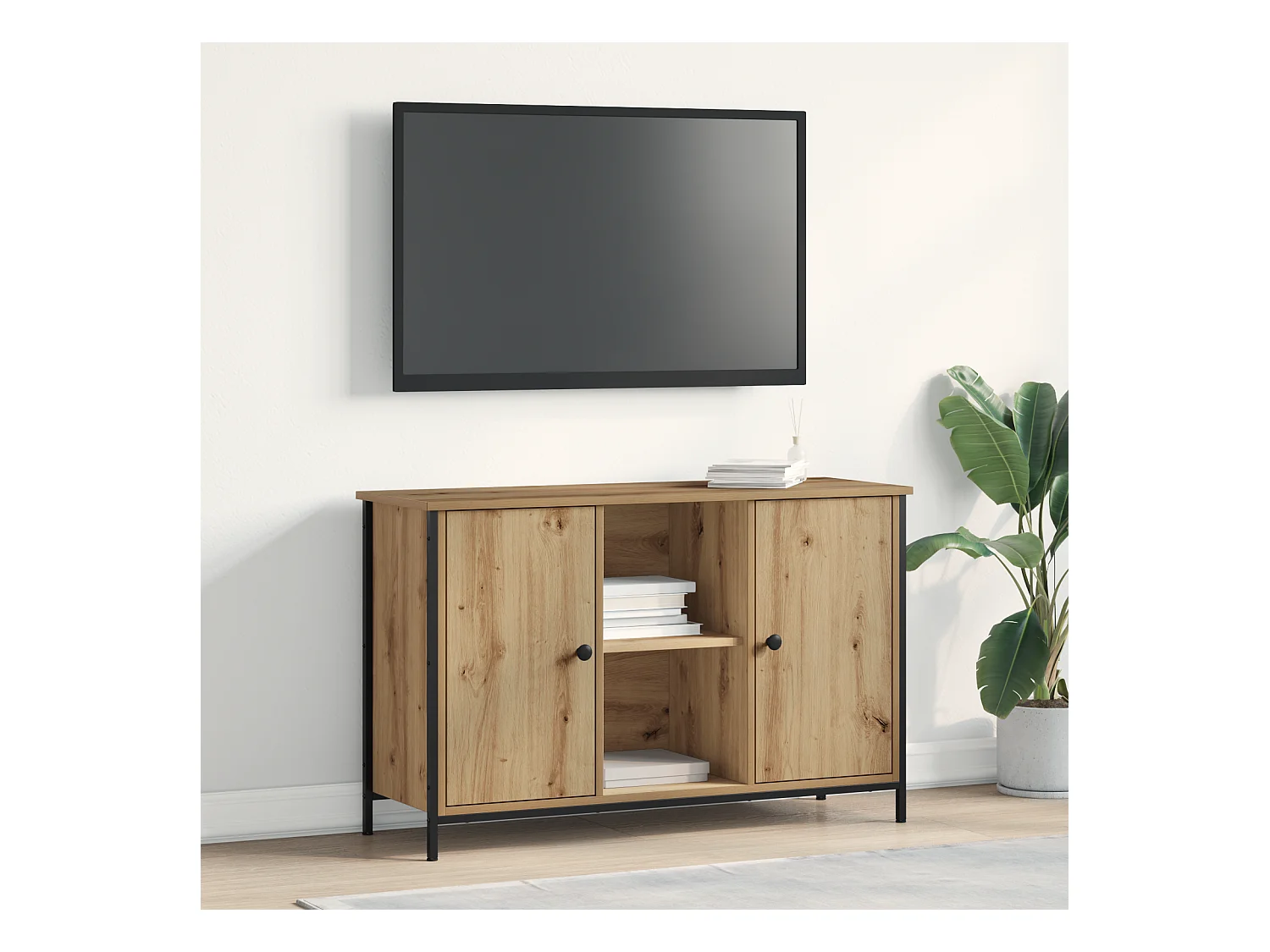 Meuble TV Noir Chêne 101x35x65 cm Bois reconstitué et Acier