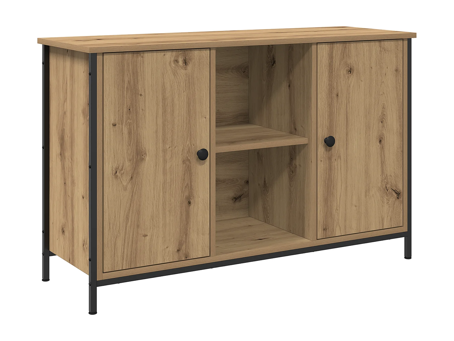 Zwarte eiken tv-kast 101x35x65 cm, gereconstrueerd hout en staal