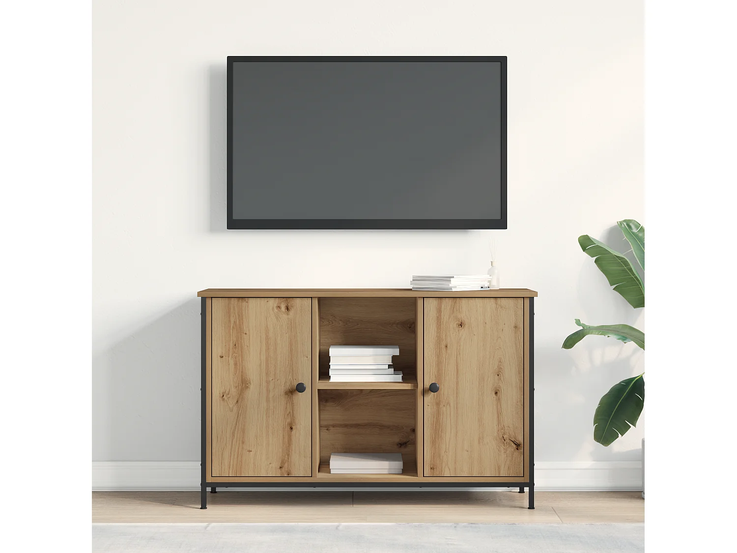 Zwarte eiken tv-kast 101x35x65 cm, gereconstrueerd hout en staal