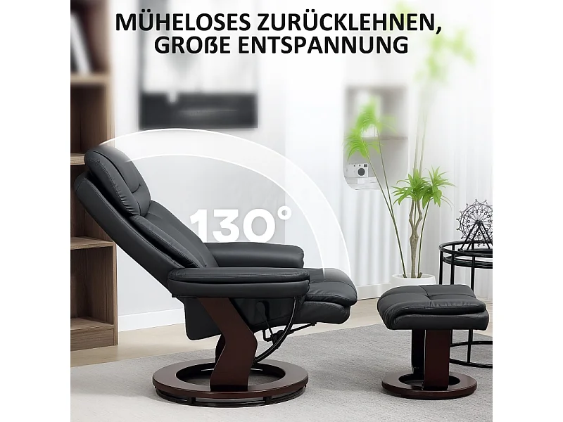 Fauteuil relax avec repose-pieds, fauteuil pivotant 360°, fonction massage, cuir synthétique, noir (86x83x107 cm)