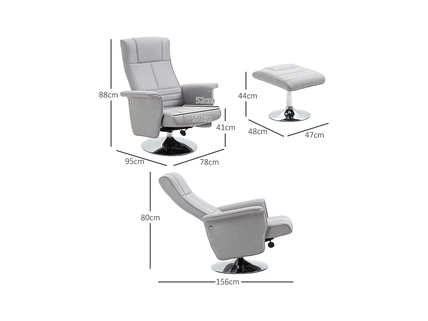 Relaxfauteuil met massagefunctie en voetenbank, grijs imitatieleer, verstelbaar (78x97x110 cm)