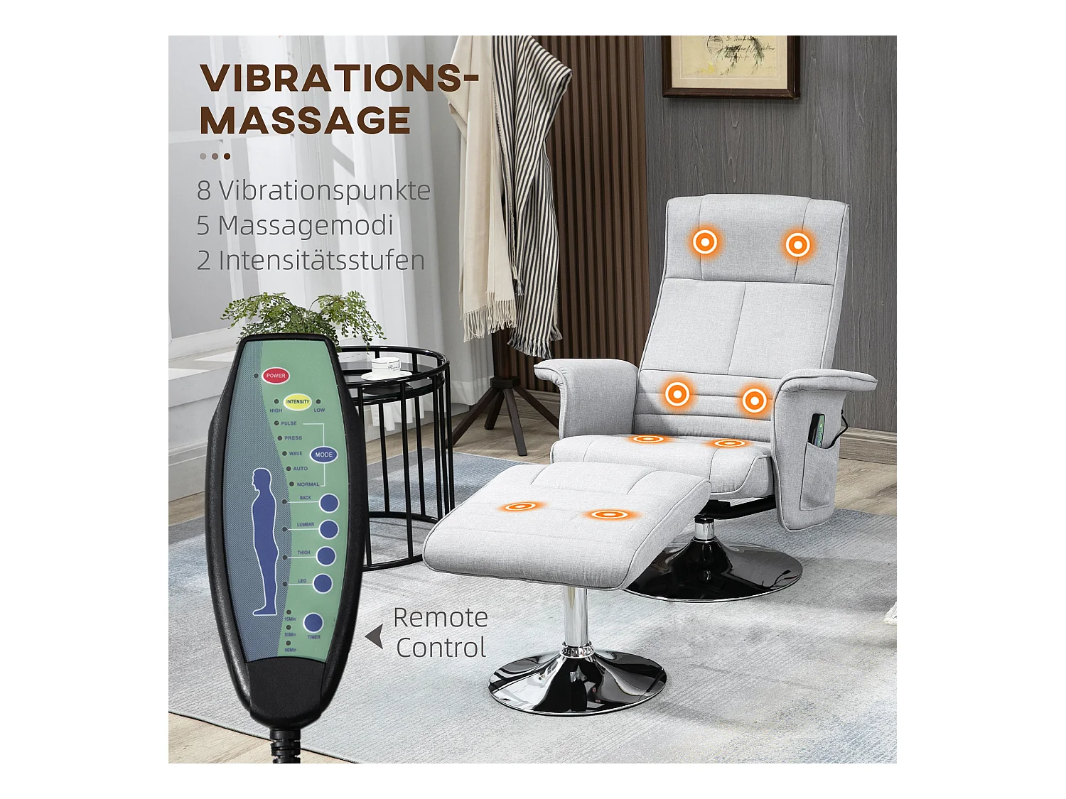 Relaxfauteuil met massagefunctie en voetenbank, grijs imitatieleer, verstelbaar (78x97x110 cm)