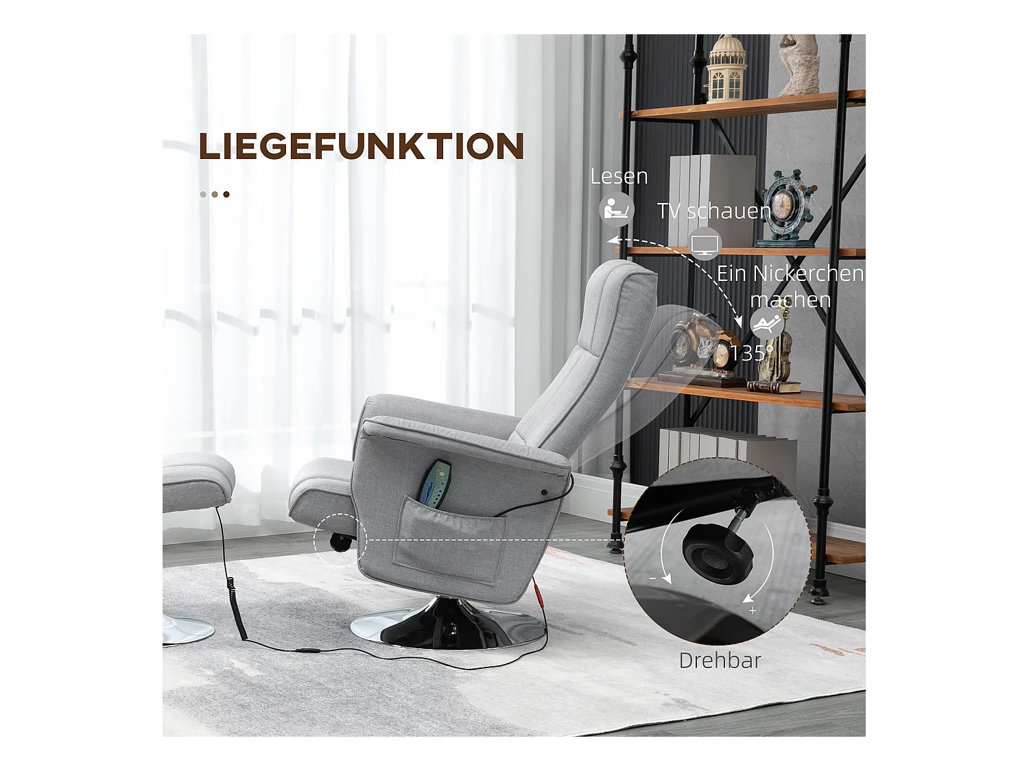 Relaxfauteuil met massagefunctie en voetenbank, grijs imitatieleer, verstelbaar (78x97x110 cm)