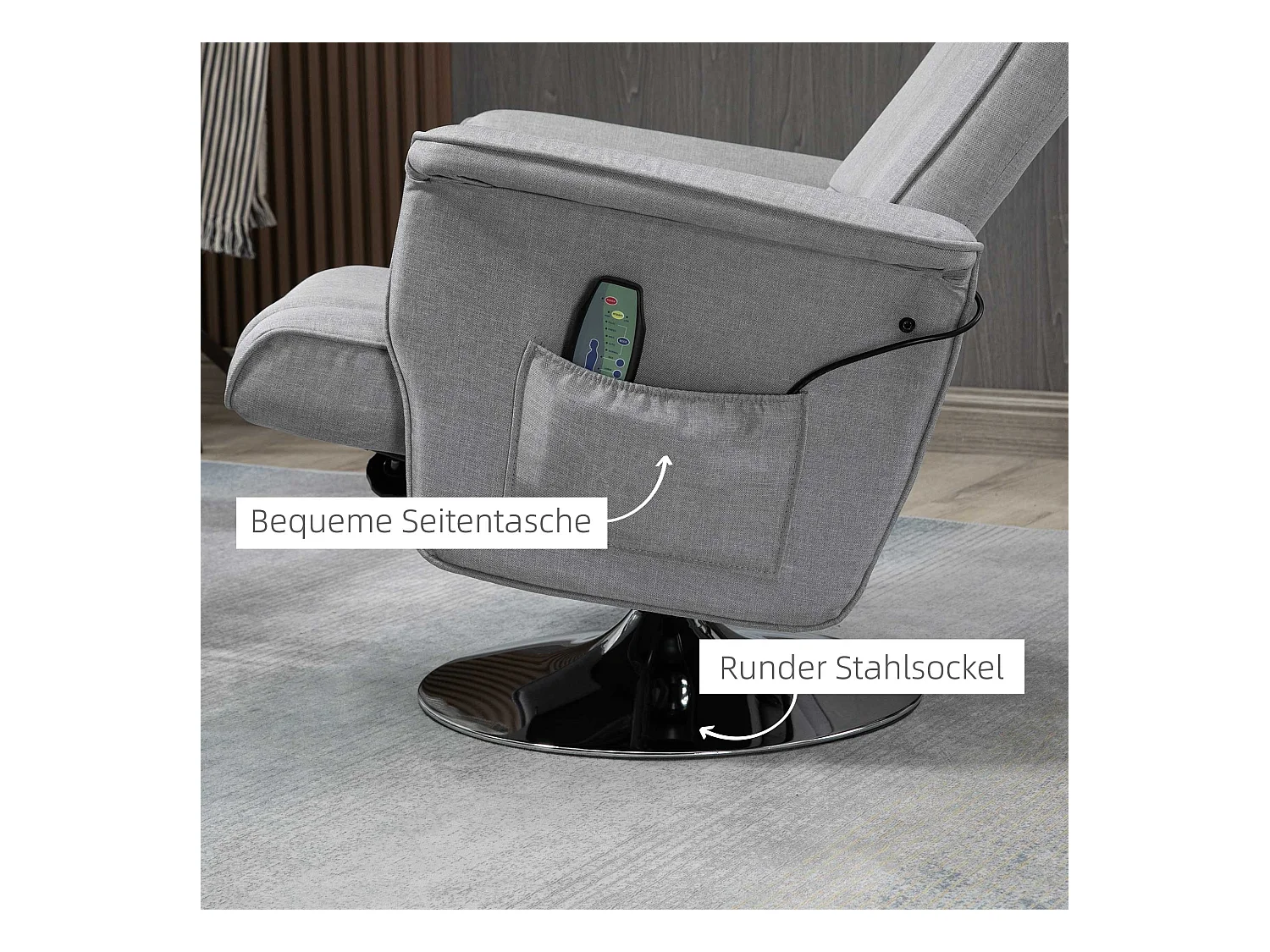 Relaxfauteuil met massagefunctie en voetenbank, grijs imitatieleer, verstelbaar (78x97x110 cm)