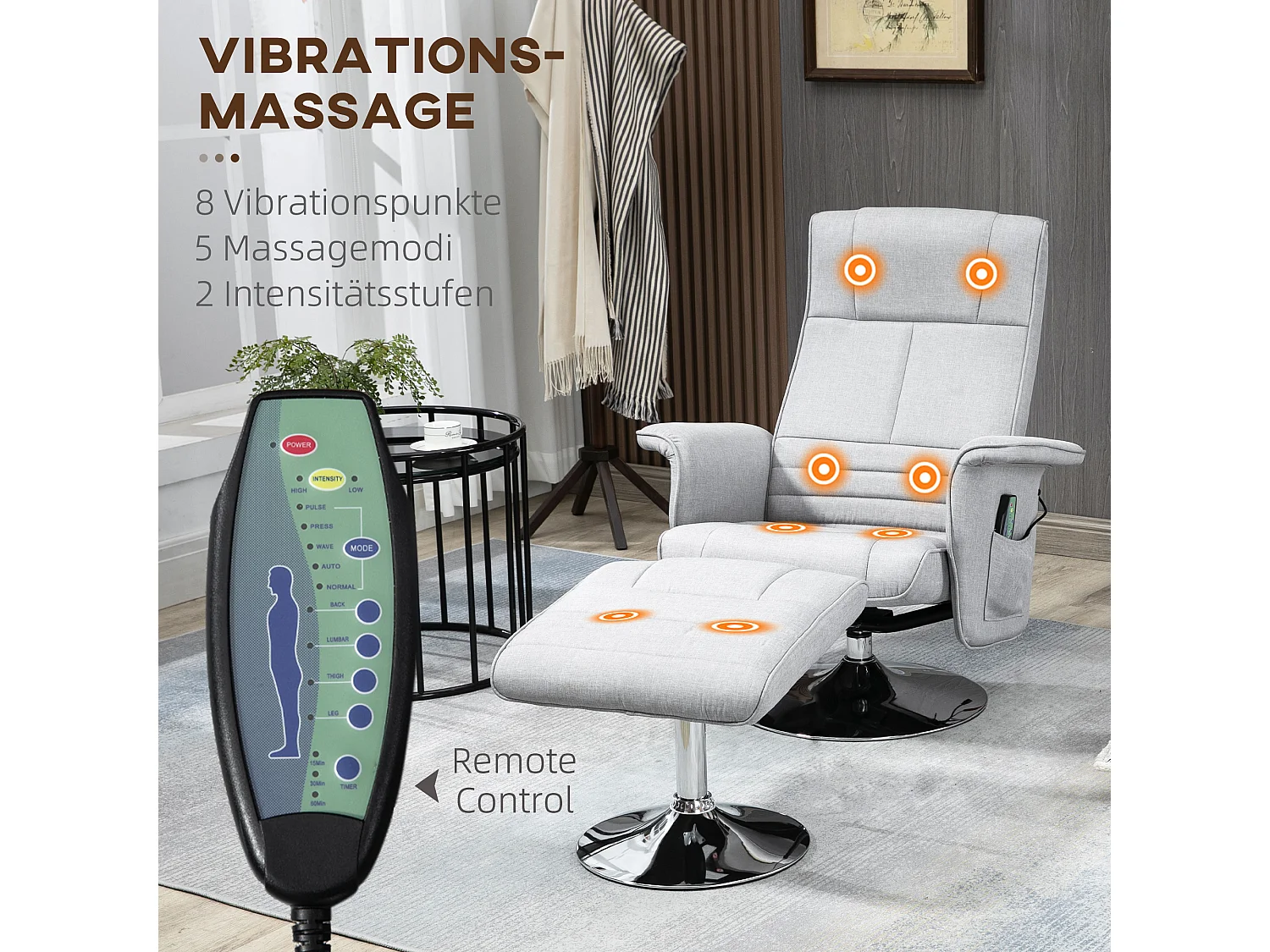 Fauteuil relax avec fonction de massage et repose-pieds, simili cuir gris, inclinable (78x97x110 cm)